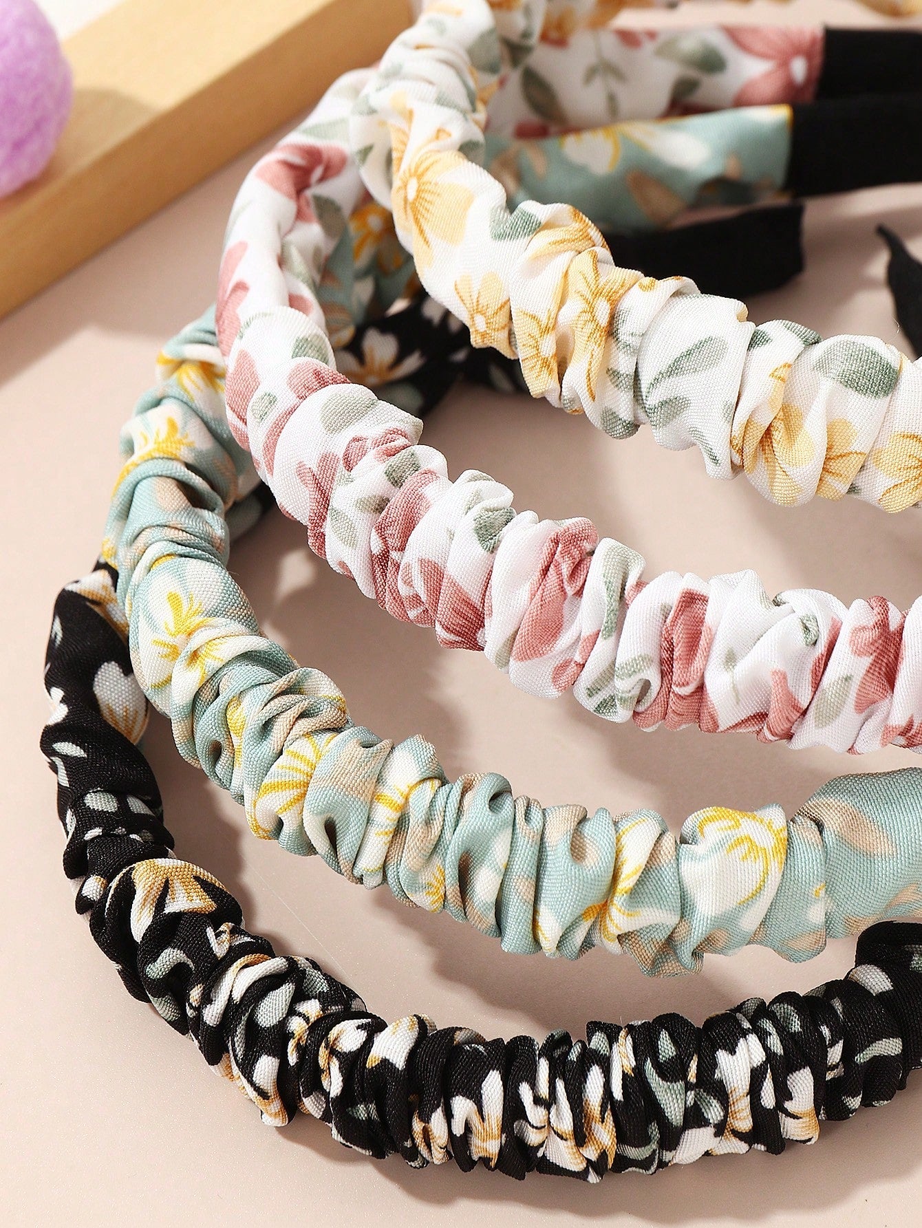 4Pcs Girls Floral Print Ruched Detail Headband for Hair Decoration