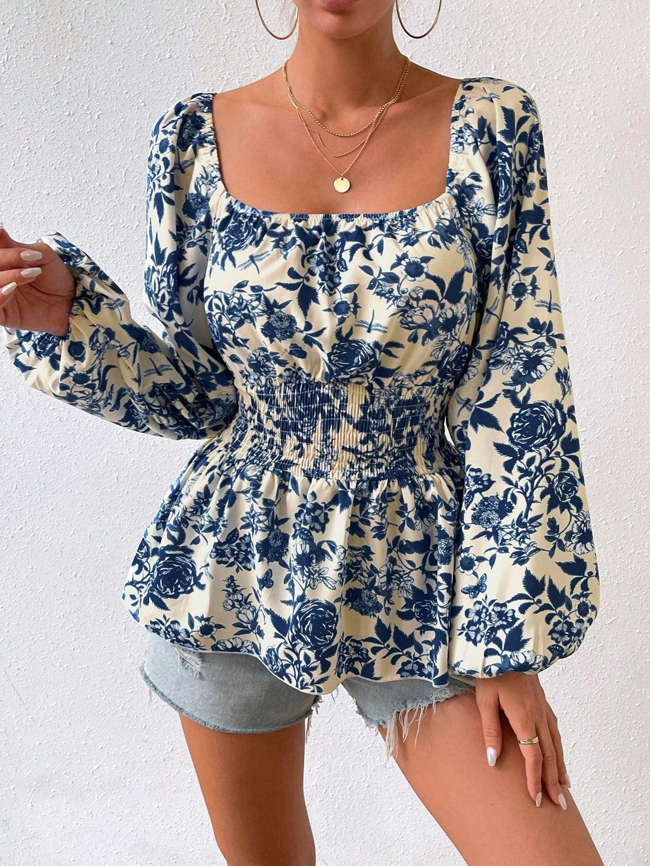 SHEIN Unity Floral Print Square Neck Lantern Sleeve Peplum Blouse