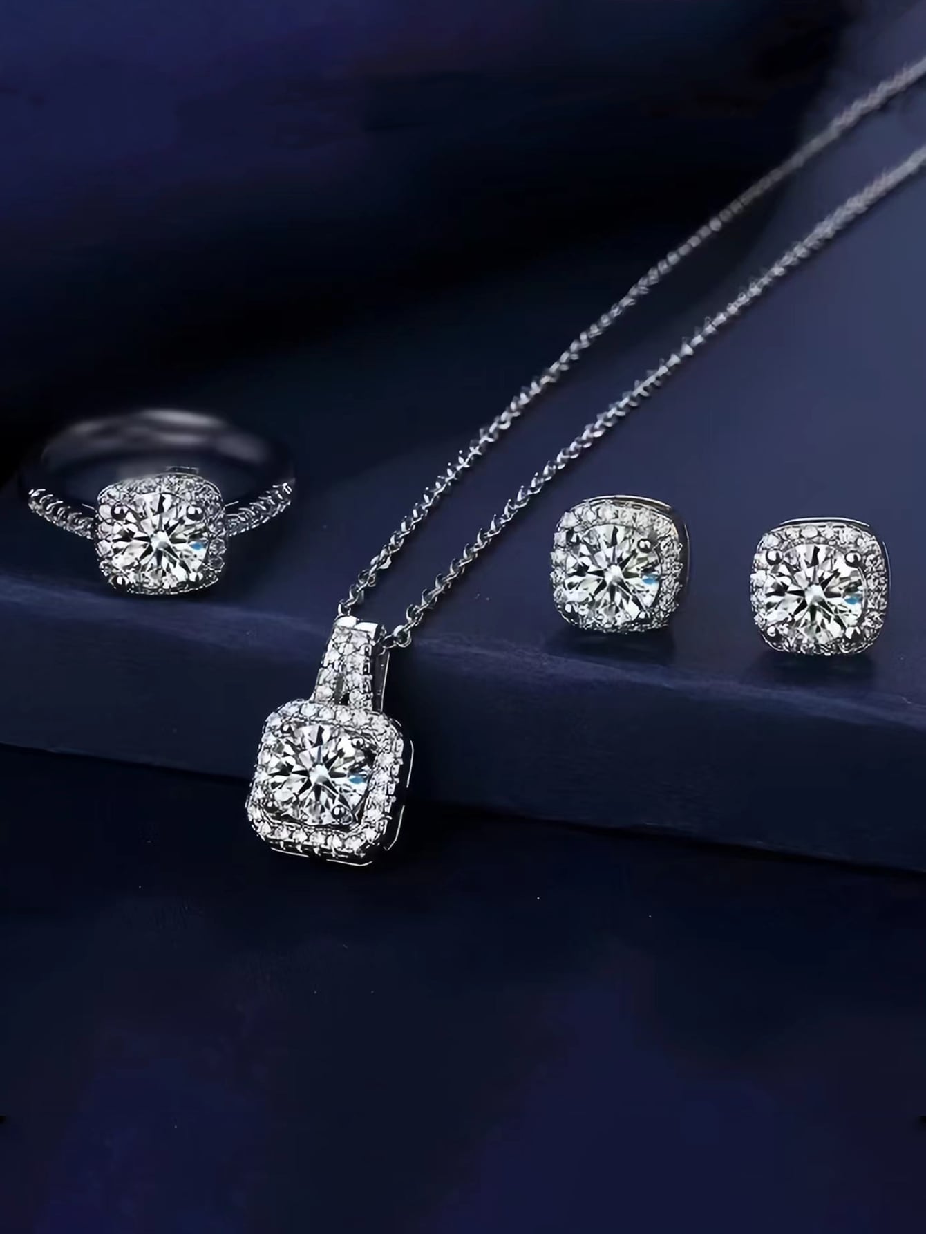 4Pcs/Set Luxury Square Shape Rhinestone Inlaid Necklace, Earrings, Ring Set, Suitable for Party & Formal Dress Accessory