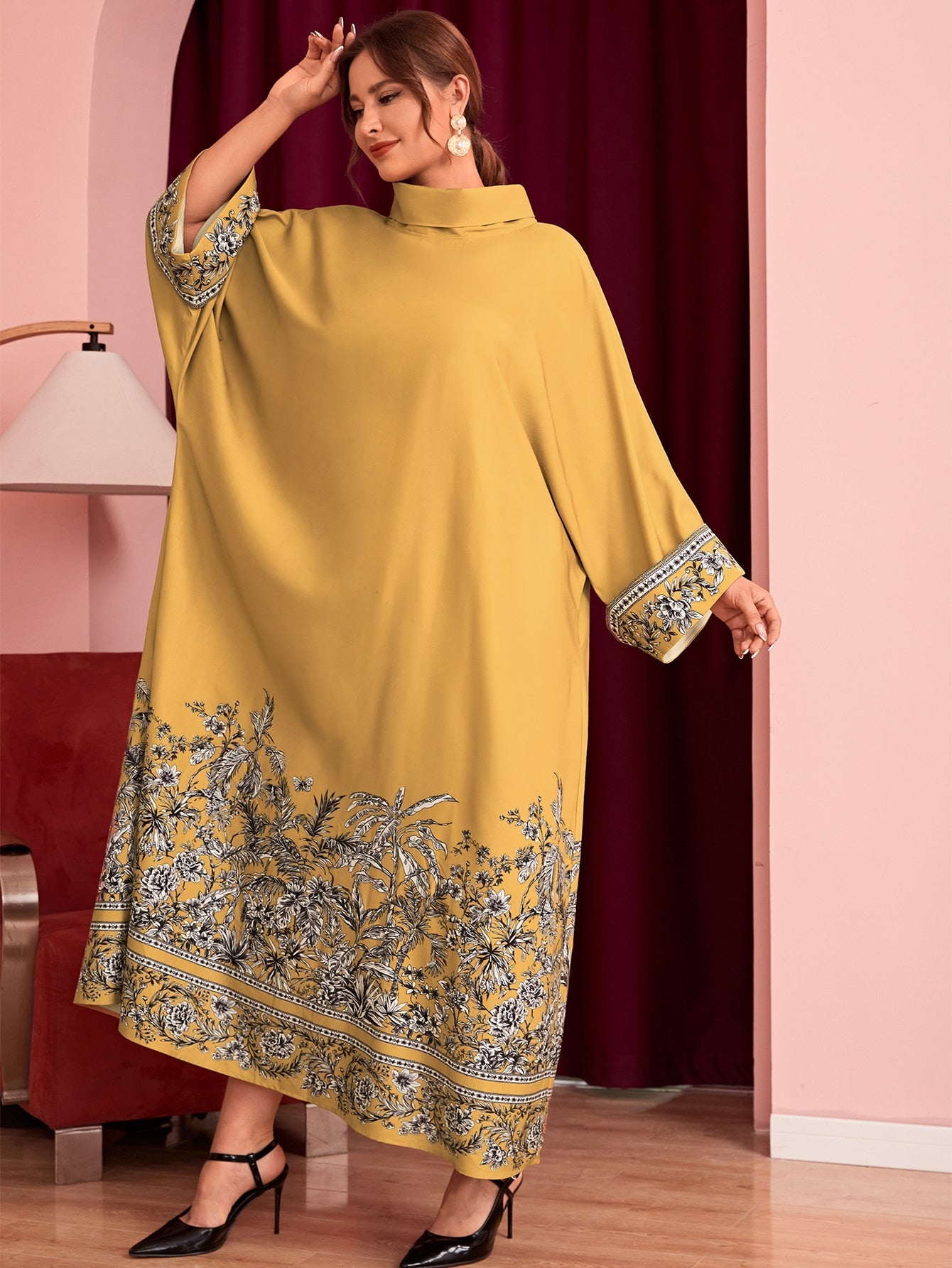 SHEIN Najma plus Turtle Neck Plants Print Dress