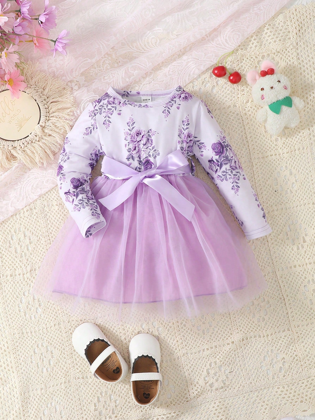 Baby Girl Floral Print Mesh Hem Dress