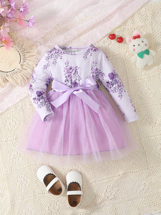 Baby Girl Floral Print Mesh Hem Dress