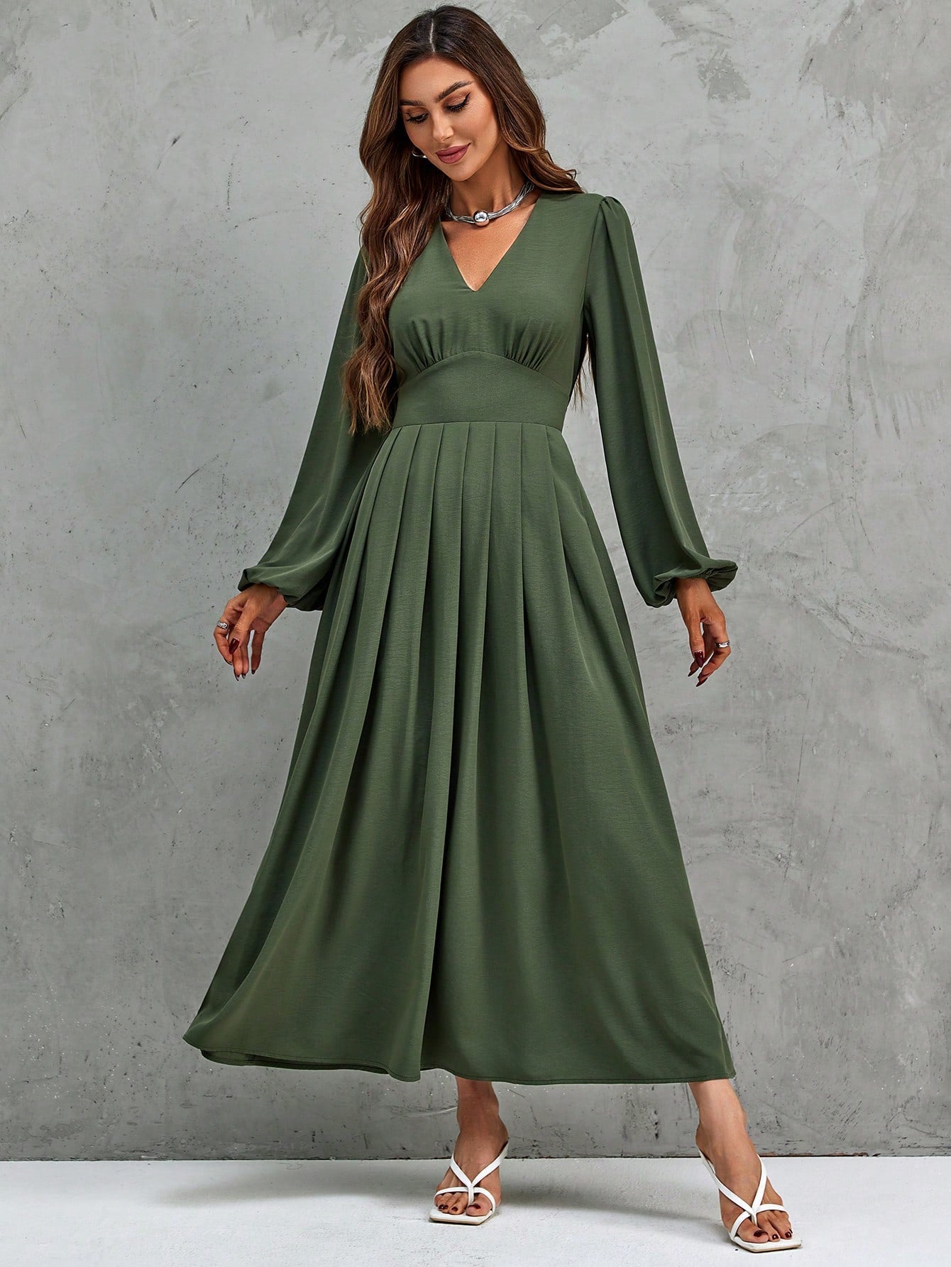 Solid V Neck Lantern Sleeve A-Line Dress