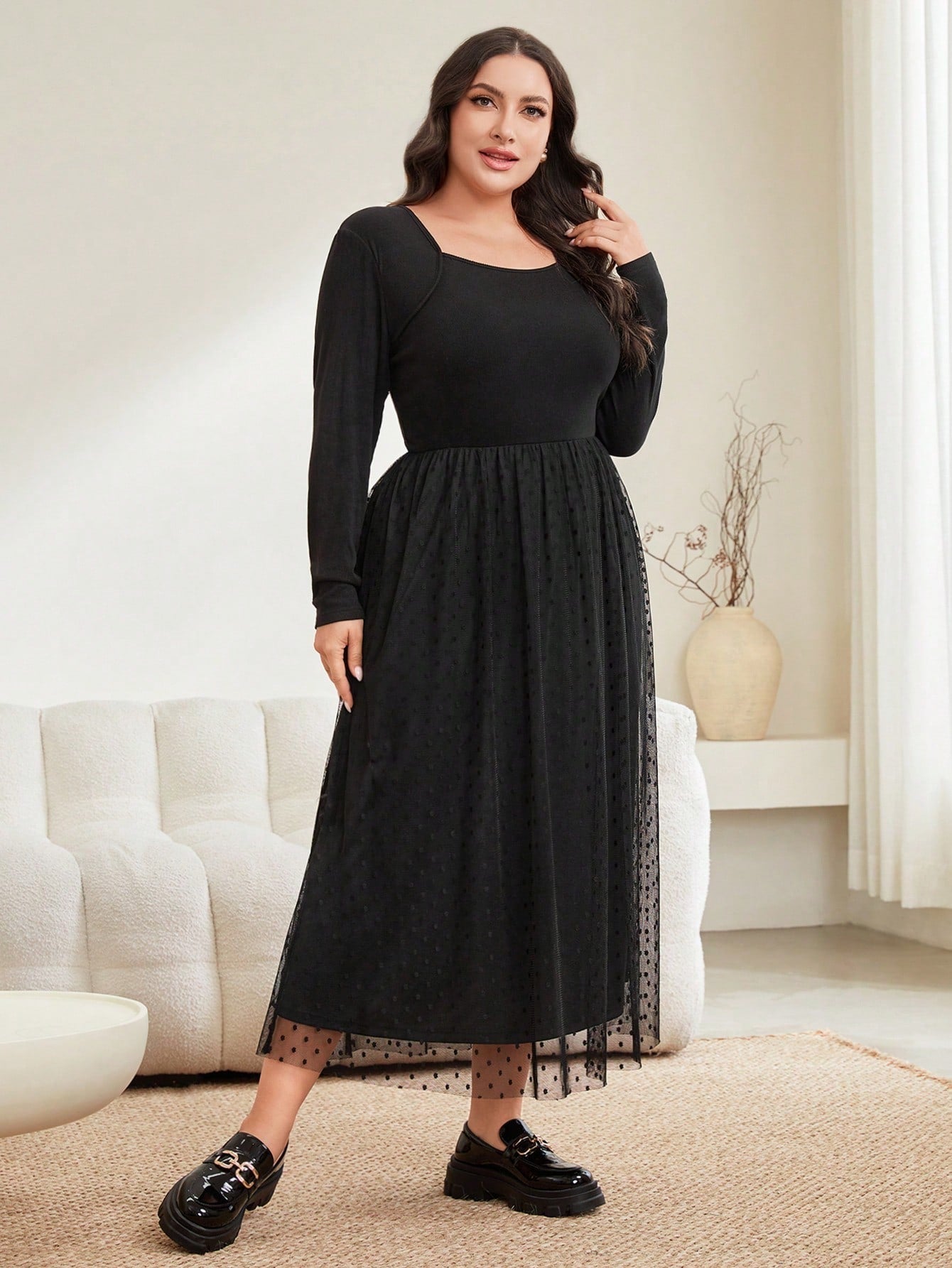 SHEIN Mulvari plus Size Women'S Polka Dot Mesh Overlay Dress