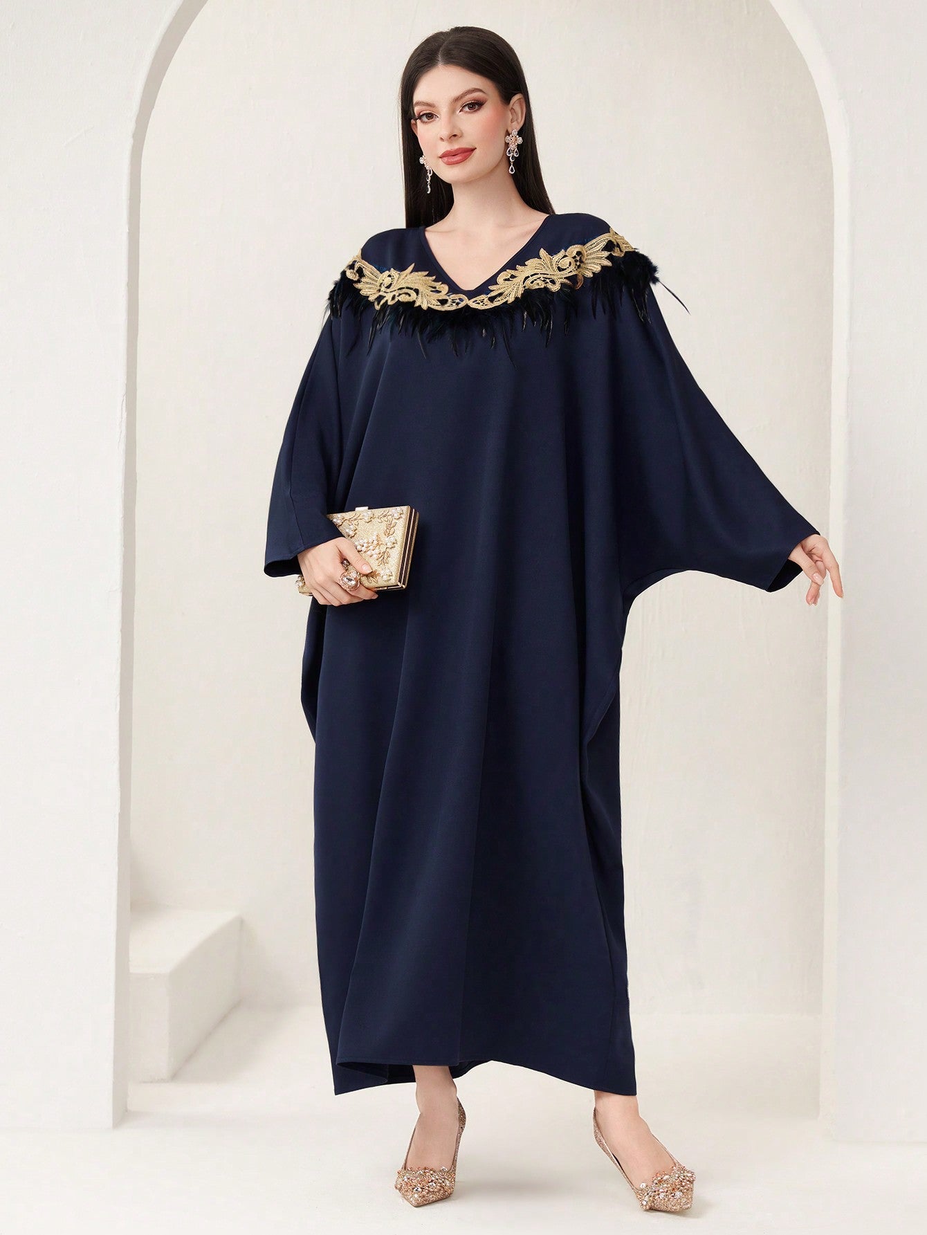 SHEIN Najma Women'S Solid Color Collar Decoration Kaftan