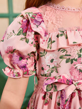 SHEIN Kids CHARMNG Young Girl Floral Print Lace Yoke Ruffle Trim Puff Sleeve Belted Dress