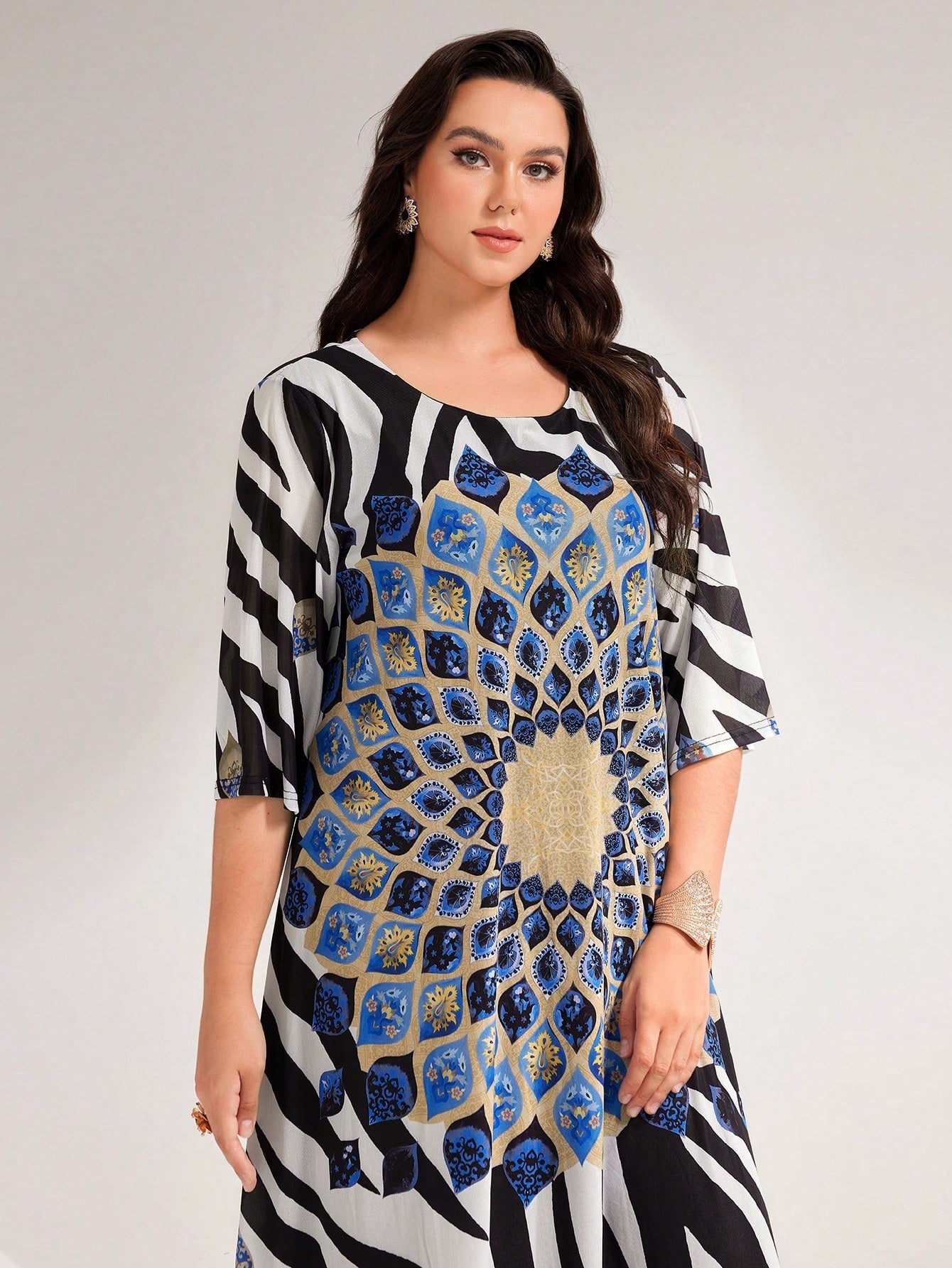 SHEIN Najma plus Zebra Striped & Floral Print Dress