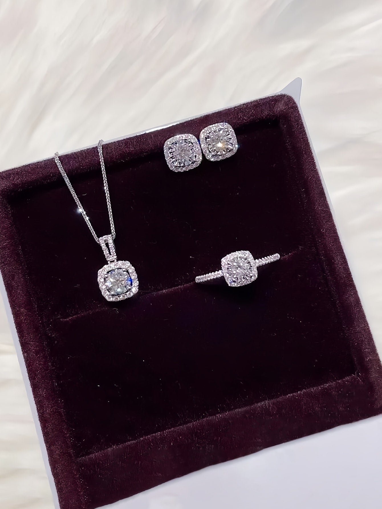 4Pcs/Set Luxury Square Shape Rhinestone Inlaid Necklace, Earrings, Ring Set, Suitable for Party & Formal Dress Accessory