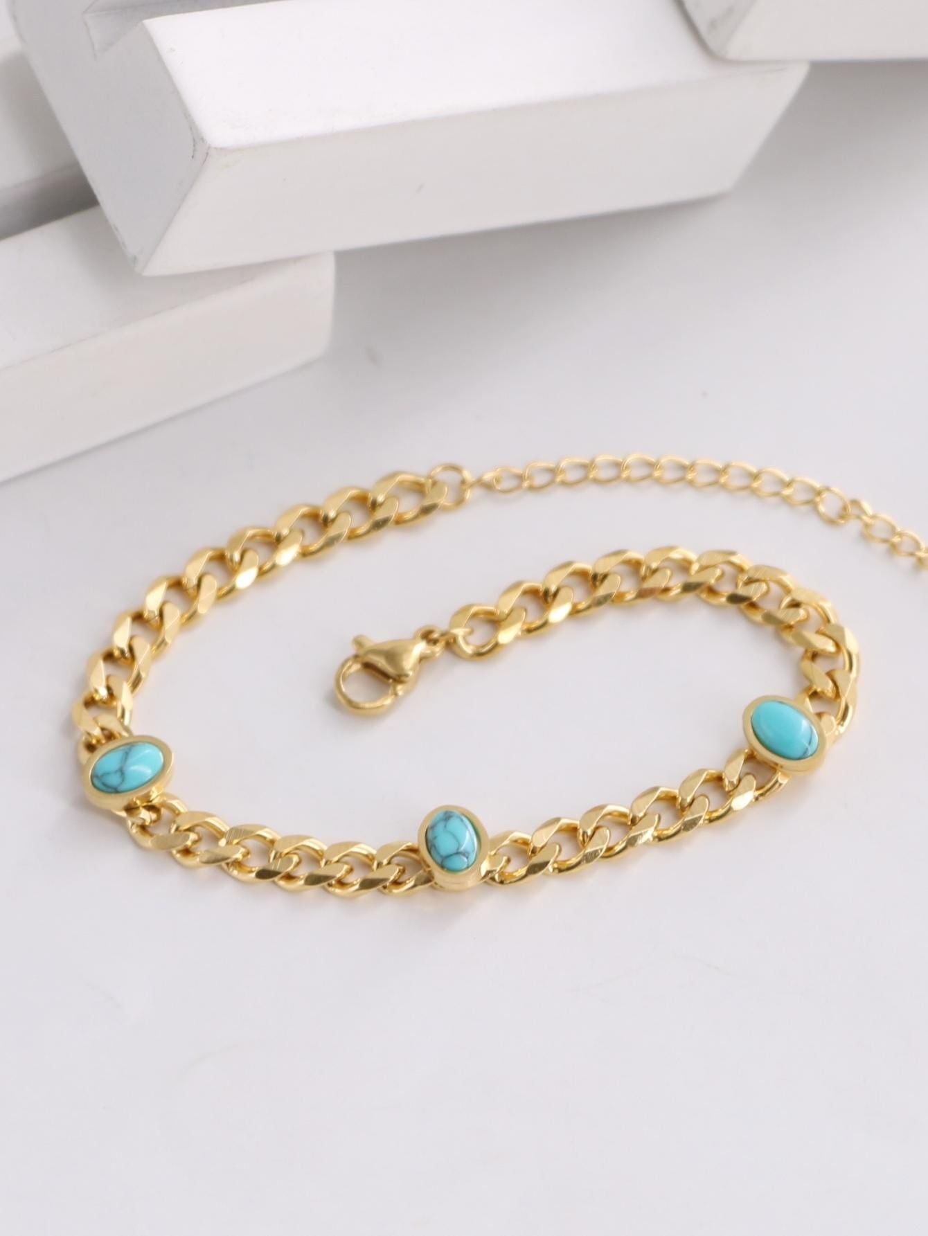 1Pc Simple European and American Style Gold-Toned Stainless Steel Oval Blue Turquoise Decorated Bracelet for Women