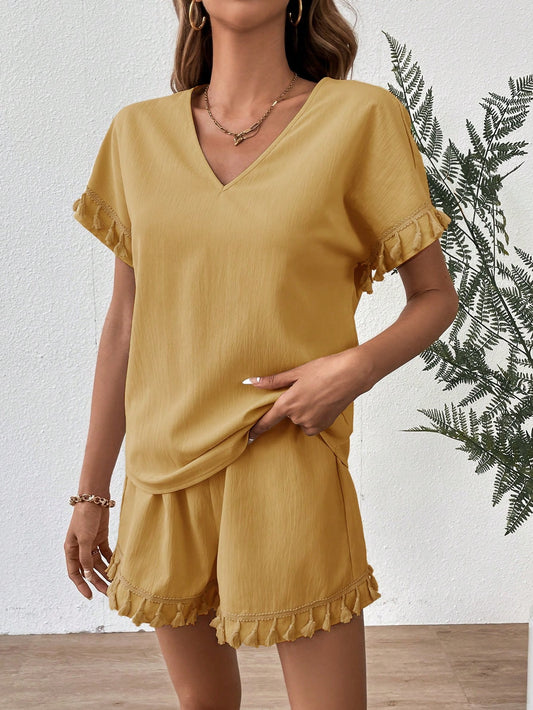 SHEIN VCAY Solid Fringe Trim Batwing Sleeve Blouse & Shorts