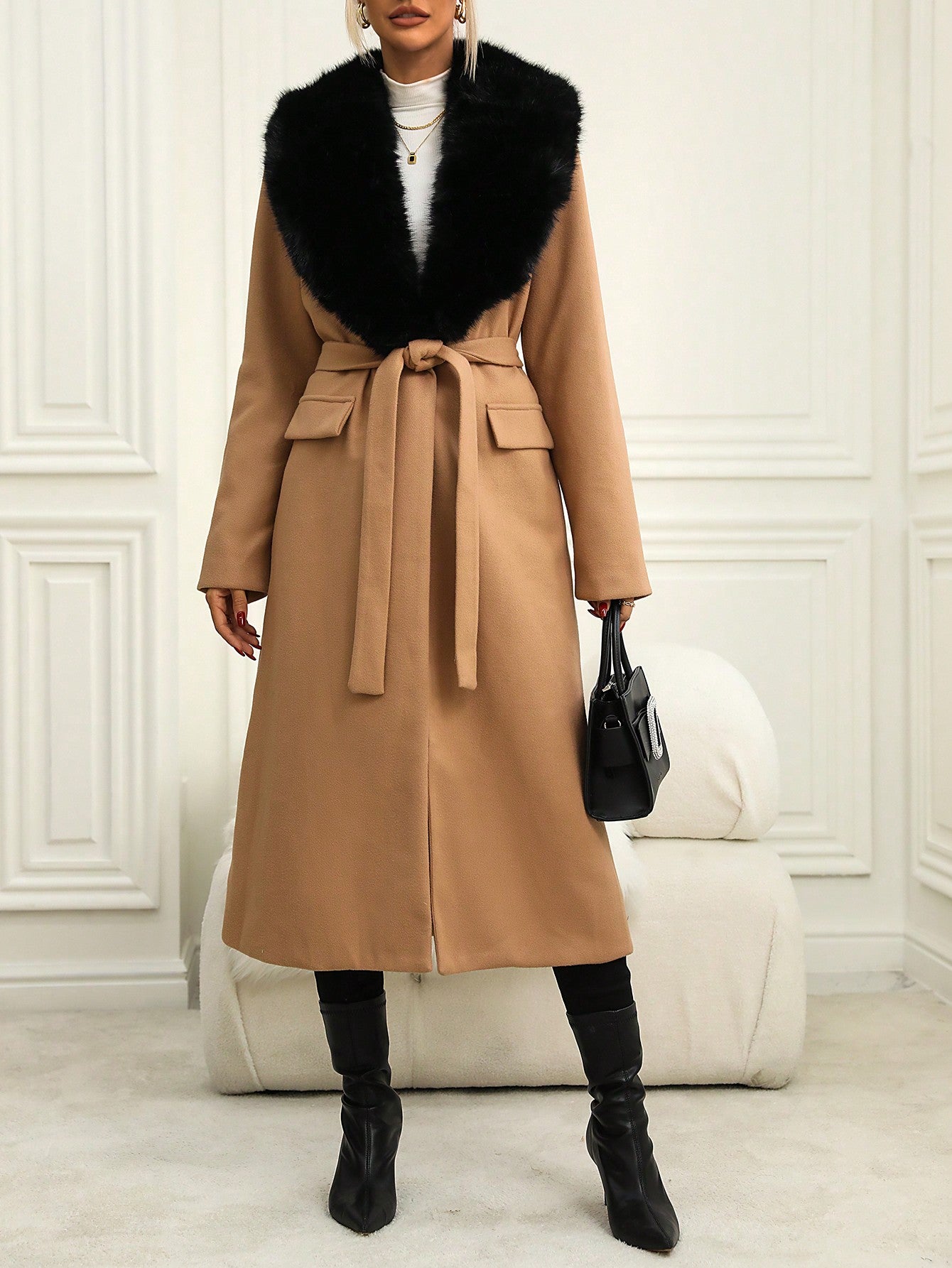 SHEIN Privé Fuzzy Collar Flap Detail Belted Overcoat