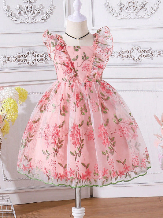 Young Girl'S Elegant Floral Embroidery Tulle Dress with Puff Sleeves and Petticoat, Perfect for Wedding, Flower Girl, Birthday, Party, Vacation, Sweet Summer Blush Outfit