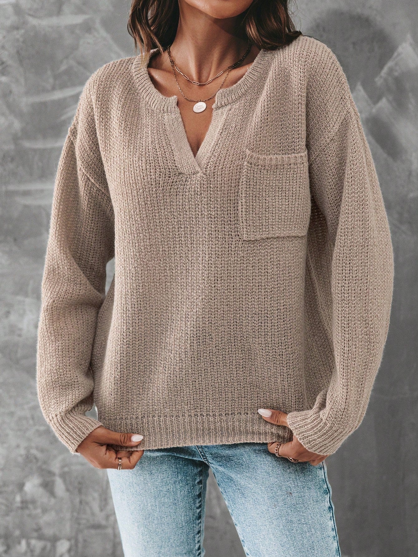 SHEIN LUNE Notched Neckline Drop Shoulder Pocket Patched Sweater