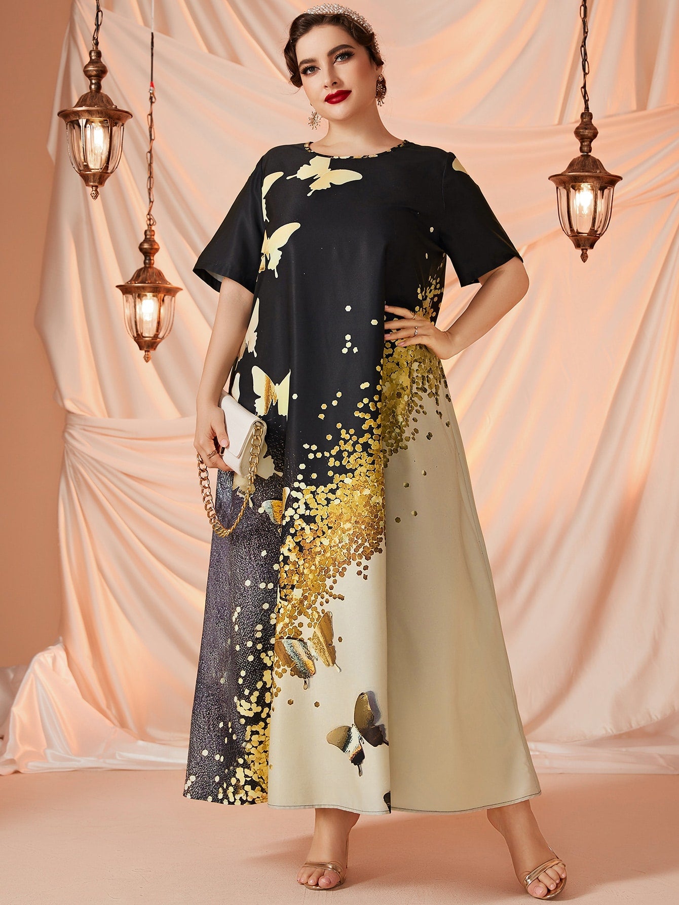 SHEIN Najma plus Gold Butterfly Print Maxi Tunic Dress