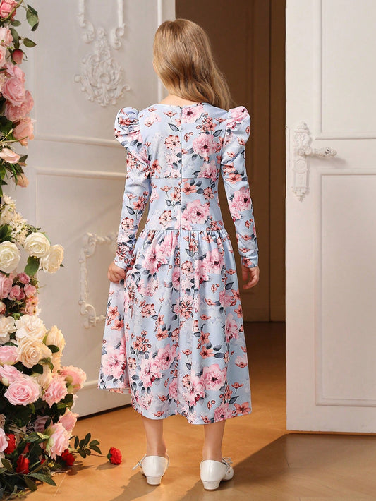SHEIN Tween Girl Floral Print Gigot Sleeve Dress