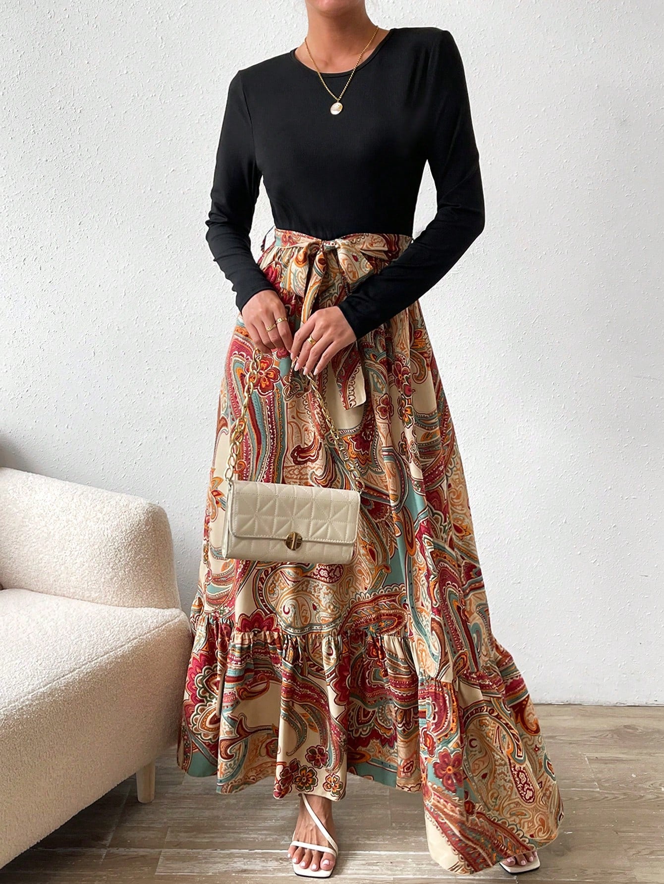 SHEIN VCAY Paisley Print Ruffle Hem Belted Dress