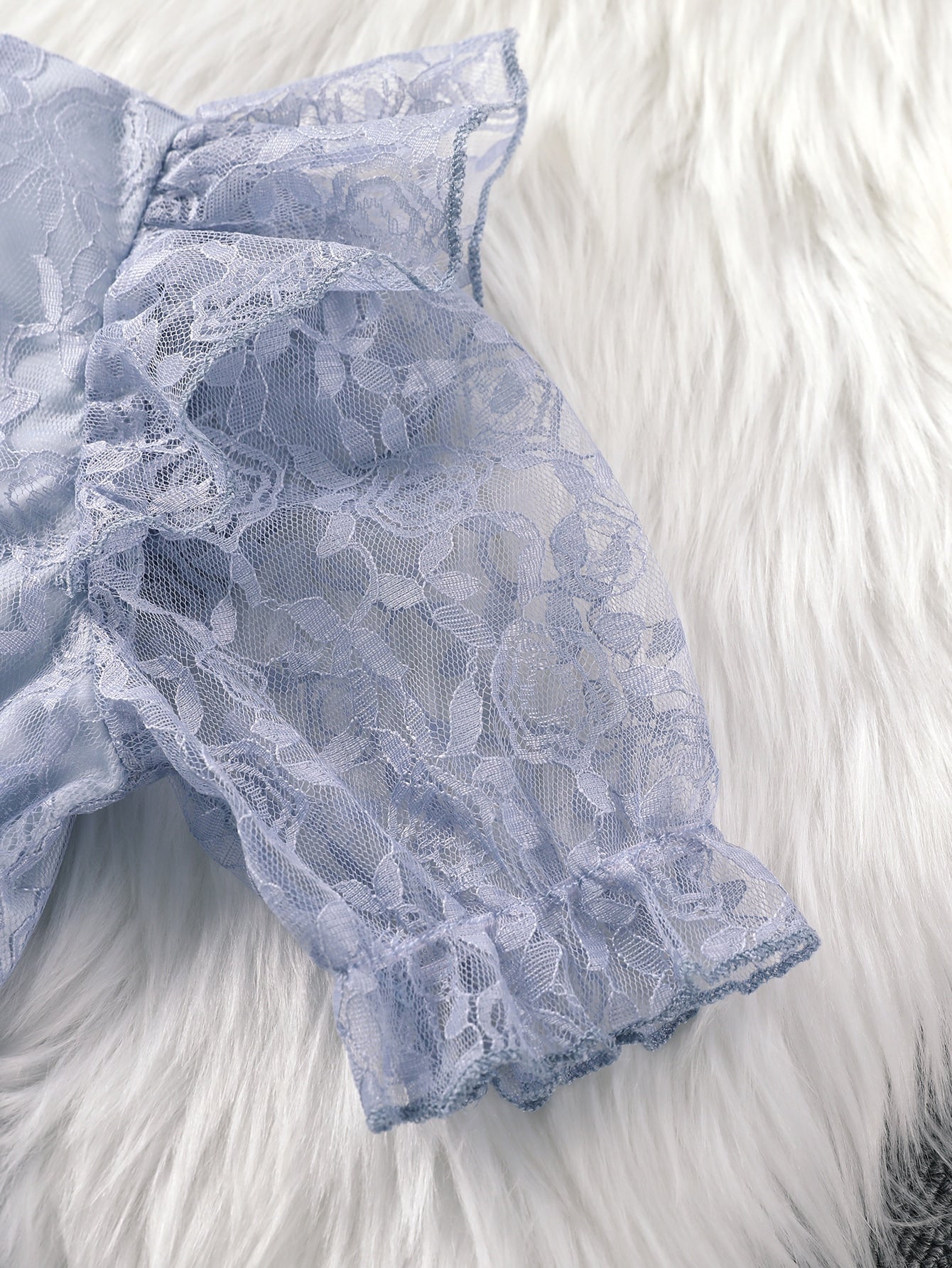 Girls Puff Sleeve Ruffle Trim Belted Lace Dress