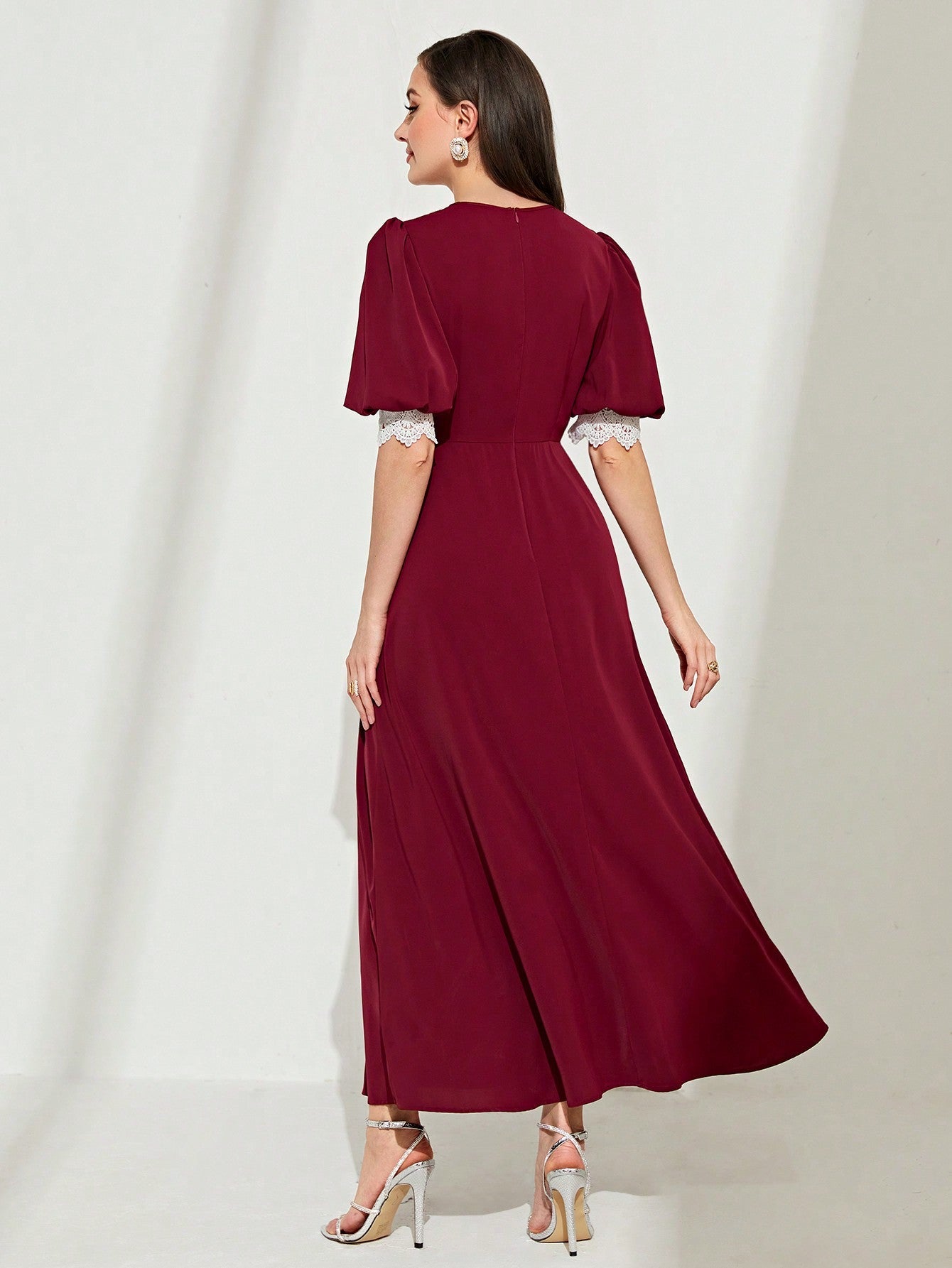 SHEIN Modely Contrast Lace Puff Sleeve A-Line Dress