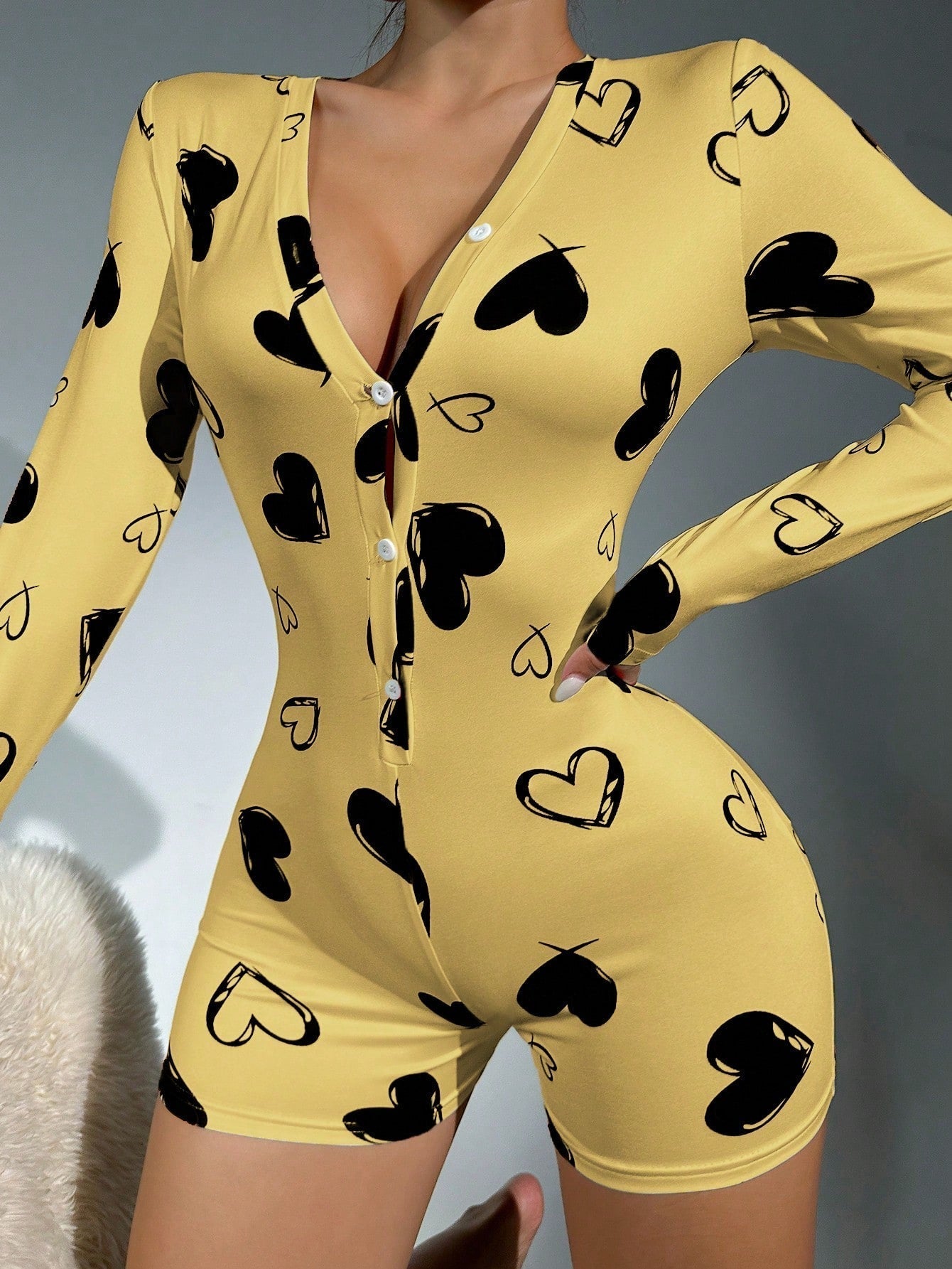 Heart Print Button Front Romper