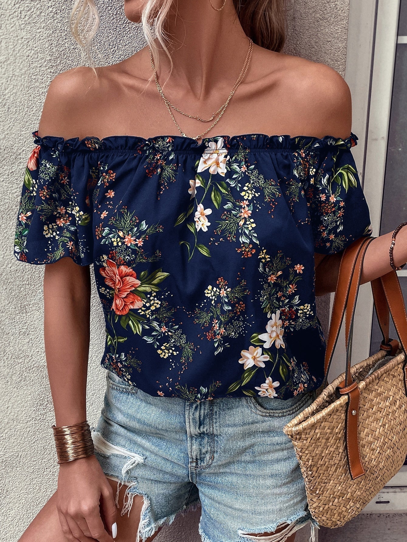 SHEIN VCAY Floral Print off Shoulder Frill Trim Blouse