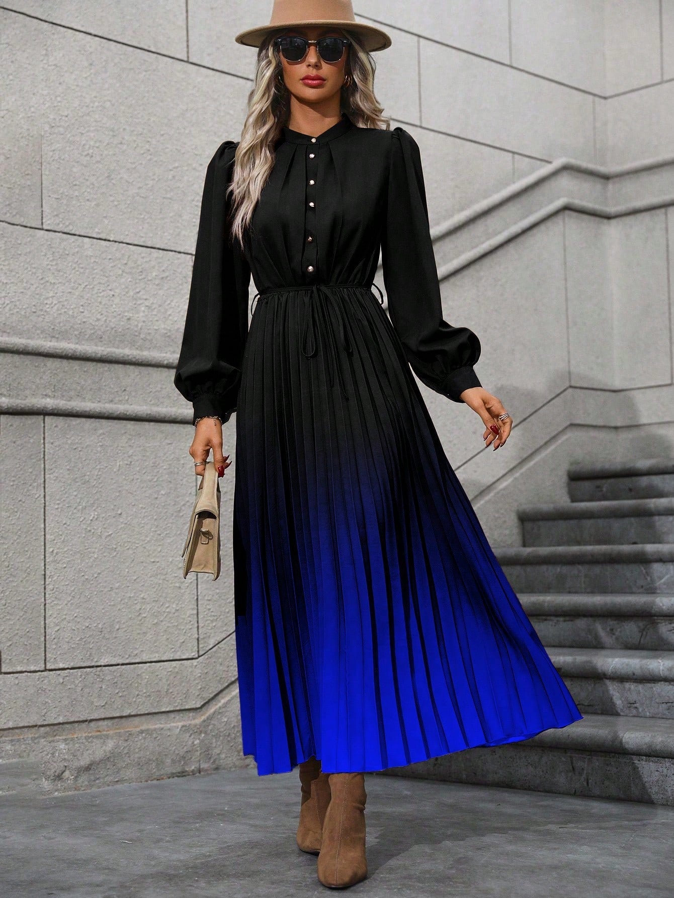 Ombre Pleated Hem Shirt Dress without Belt