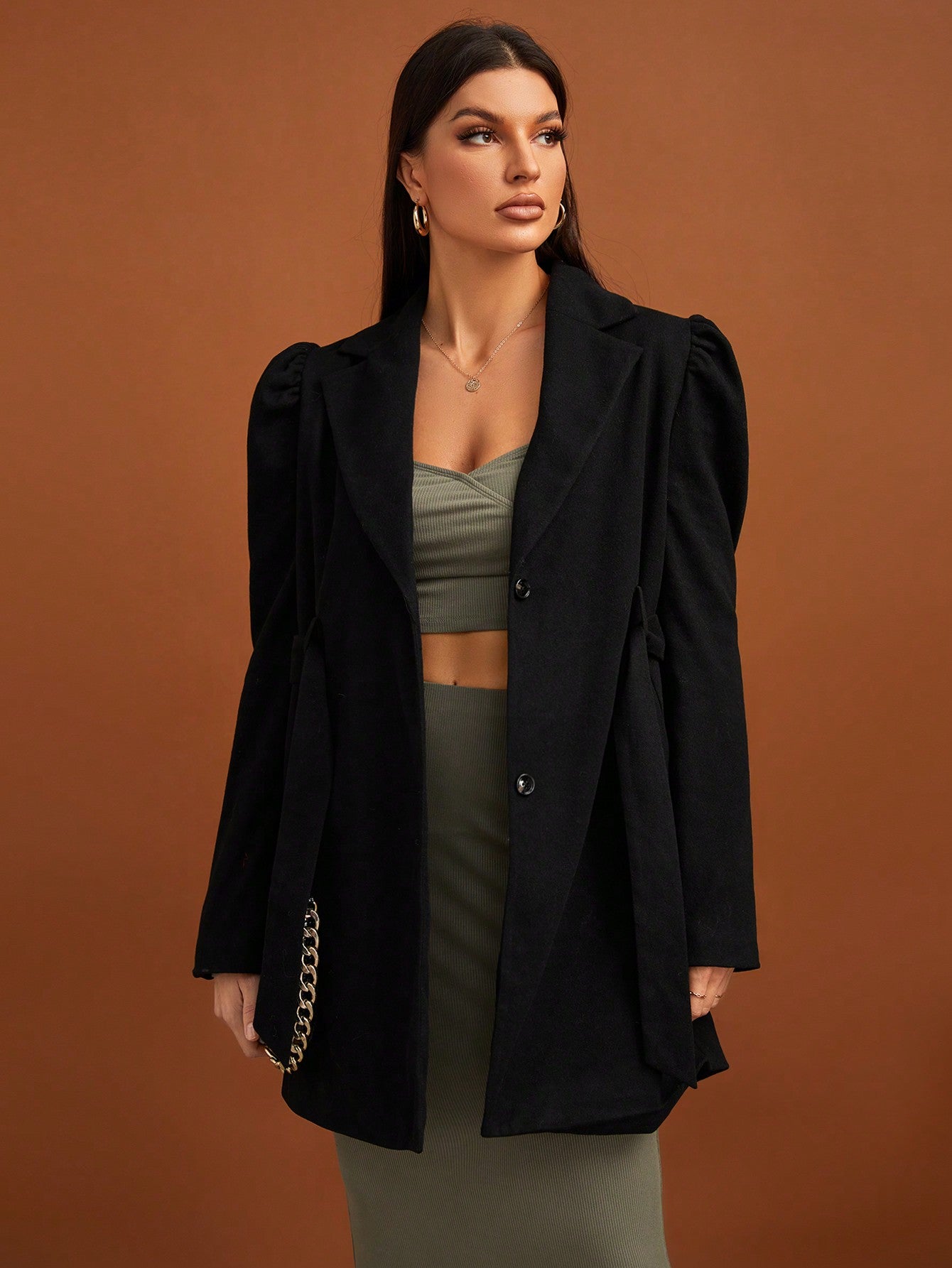 SHEIN Tall Lapel Neck Puff Sleeve Belted Overcoat