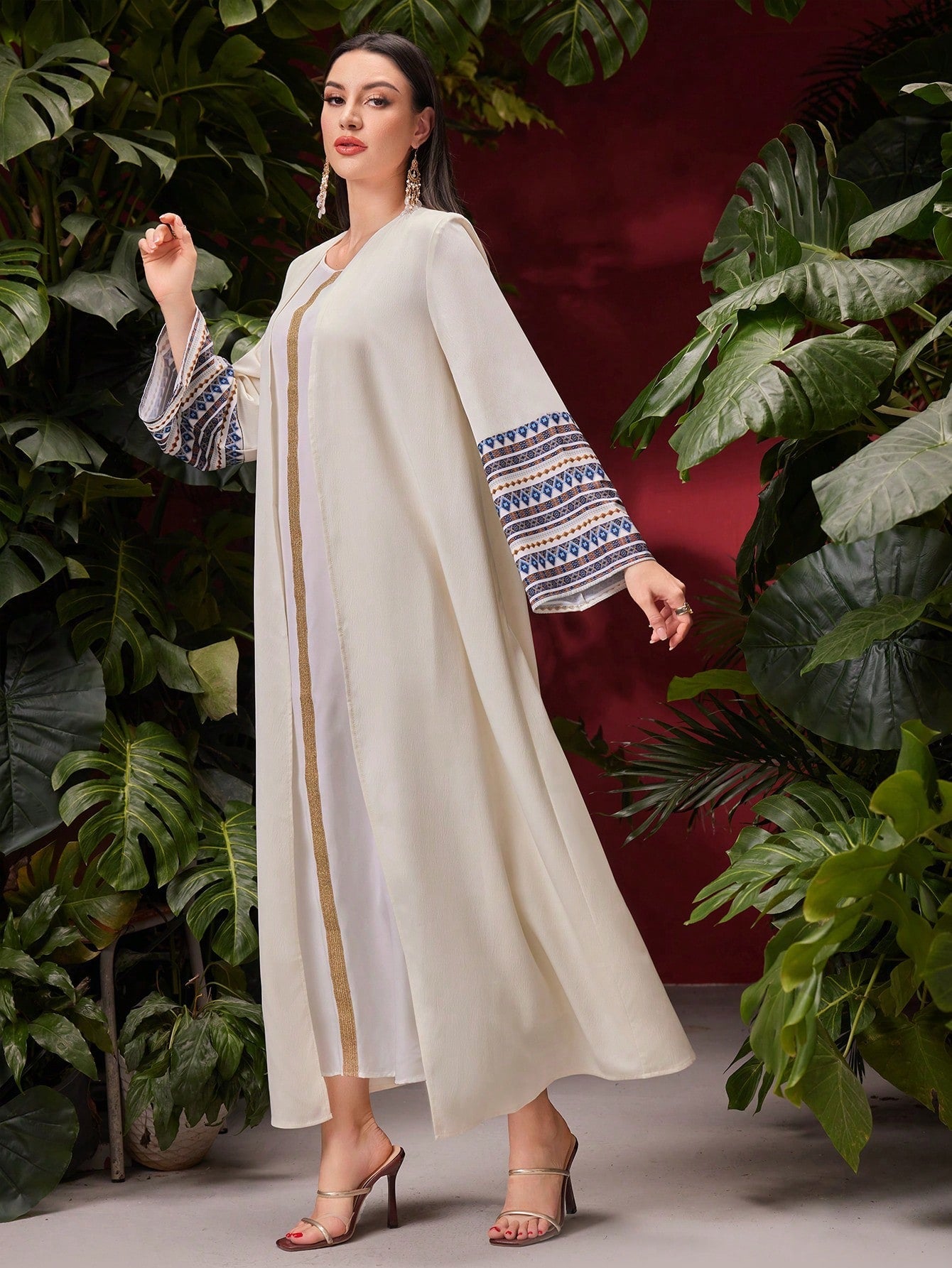 SHEIN Najma Women'S Arabian Abaya with Geometric Pattern and Gold Tape