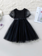 SHEIN Kids CHARMNG Young Girl Dobby Mesh Overlay Puff Sleeve Belted Dress