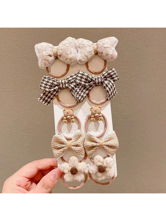 10Pcs Girls' Milk Coffee Color Hair Ties with Bow Decoration, Suitable for Daily Use, High Elasticity without Hurting Hair