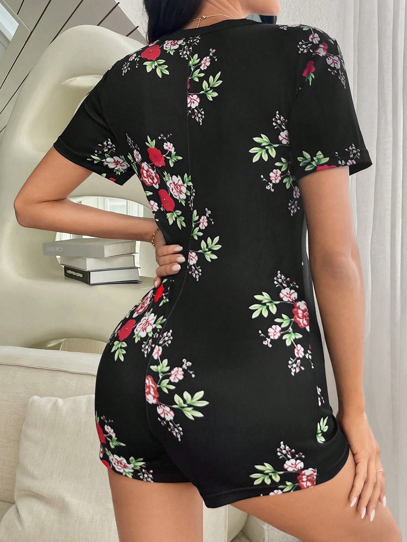 Women'S Floral Printed Button Front Half Placket Pajama