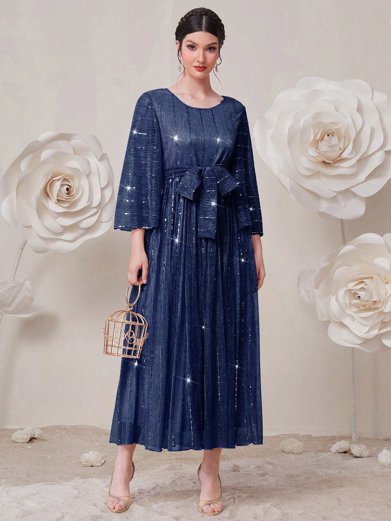 SHEIN Modely Women'S Patchwork Glitter Waist Belted Dress