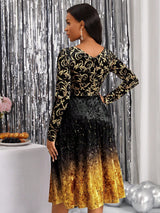 SHEIN Lady Gold Floral Print Ombre Print A-Line Dress