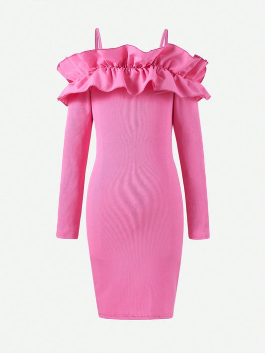 Teenage Girls' Elegant Party Lace Neckline Sleeveless Long Sleeve off Shoulder Dress