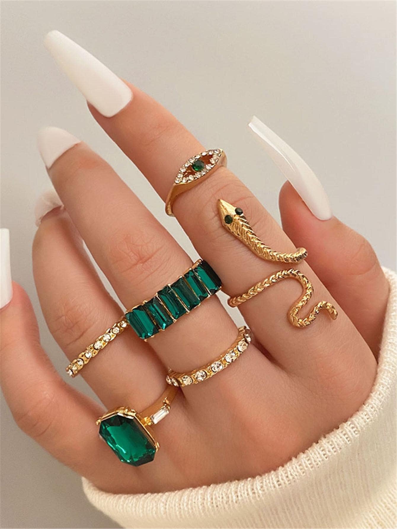 6Pcs/Set Vintage Snake Geometry Design Green Rhinestone Inlaid Ring Set for Women'S Jewelry