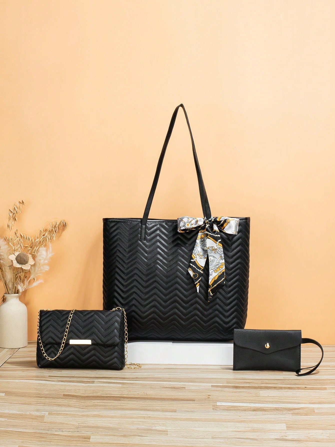 3Pcs Bag Set Shoulder Tote Crossbody Bag Purse Wallet PU Chevron Twilly Scarf Decor Fashionable, Best Work Bag for Women