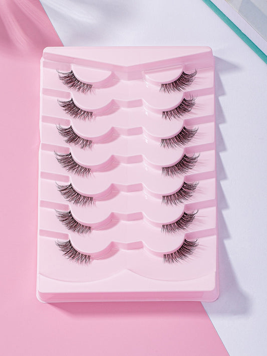 7Pairs/Set Casual Daily Wear Transparent Stem 3D Cross Design Eyelashes for Eye Enlarging, 0.5-1.3Cm