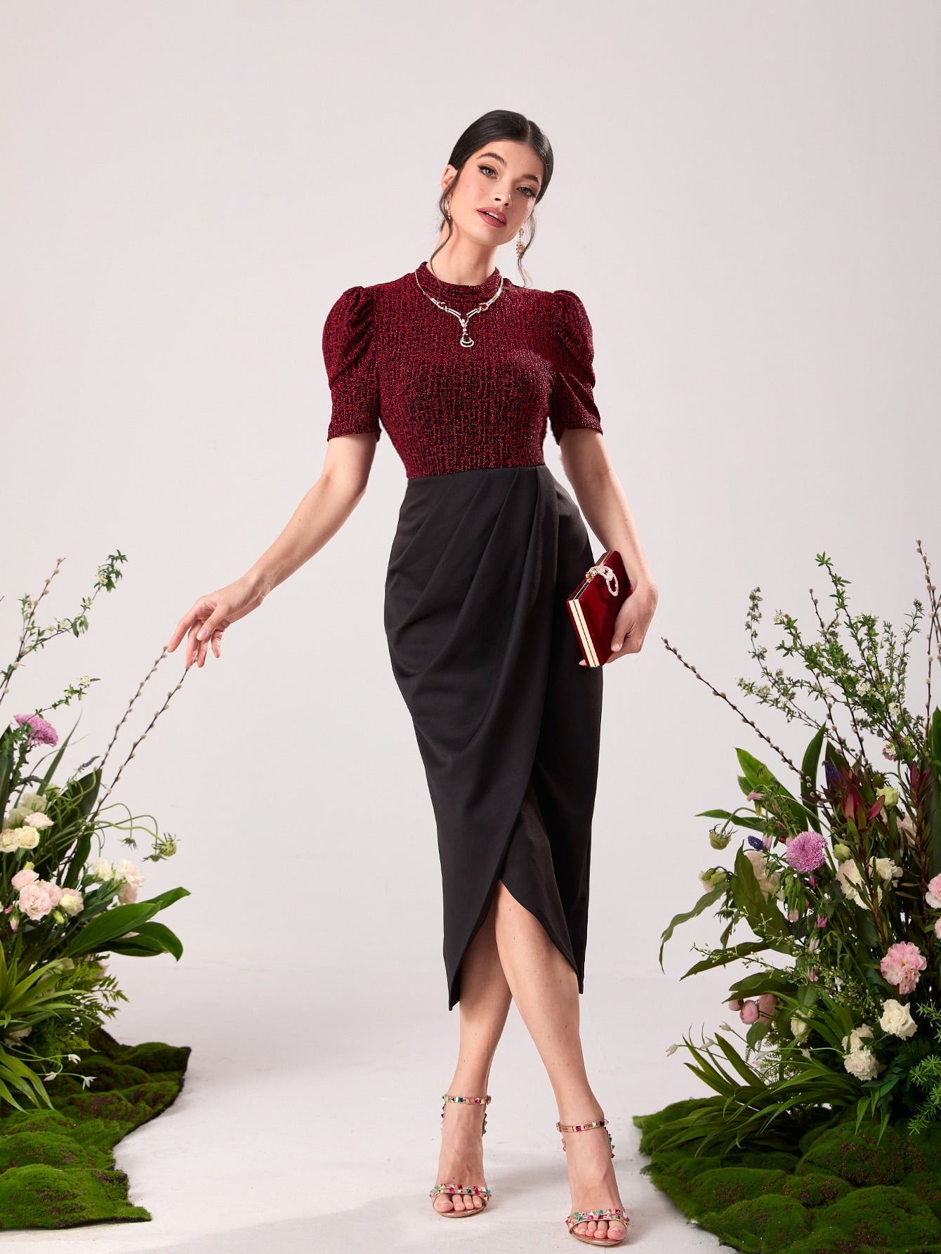 SHEIN Modely Puff Sleeve Wrap Hem Glitter Dress