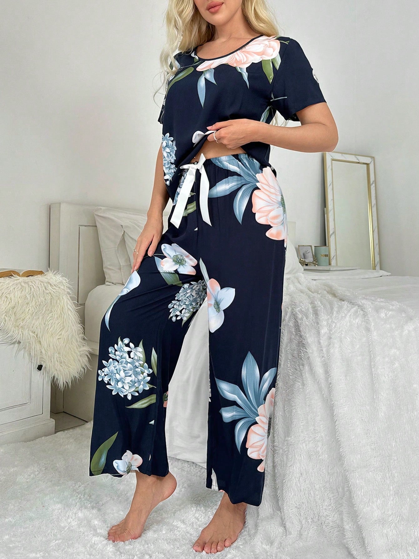 Floral Print Tie Front PJ Set