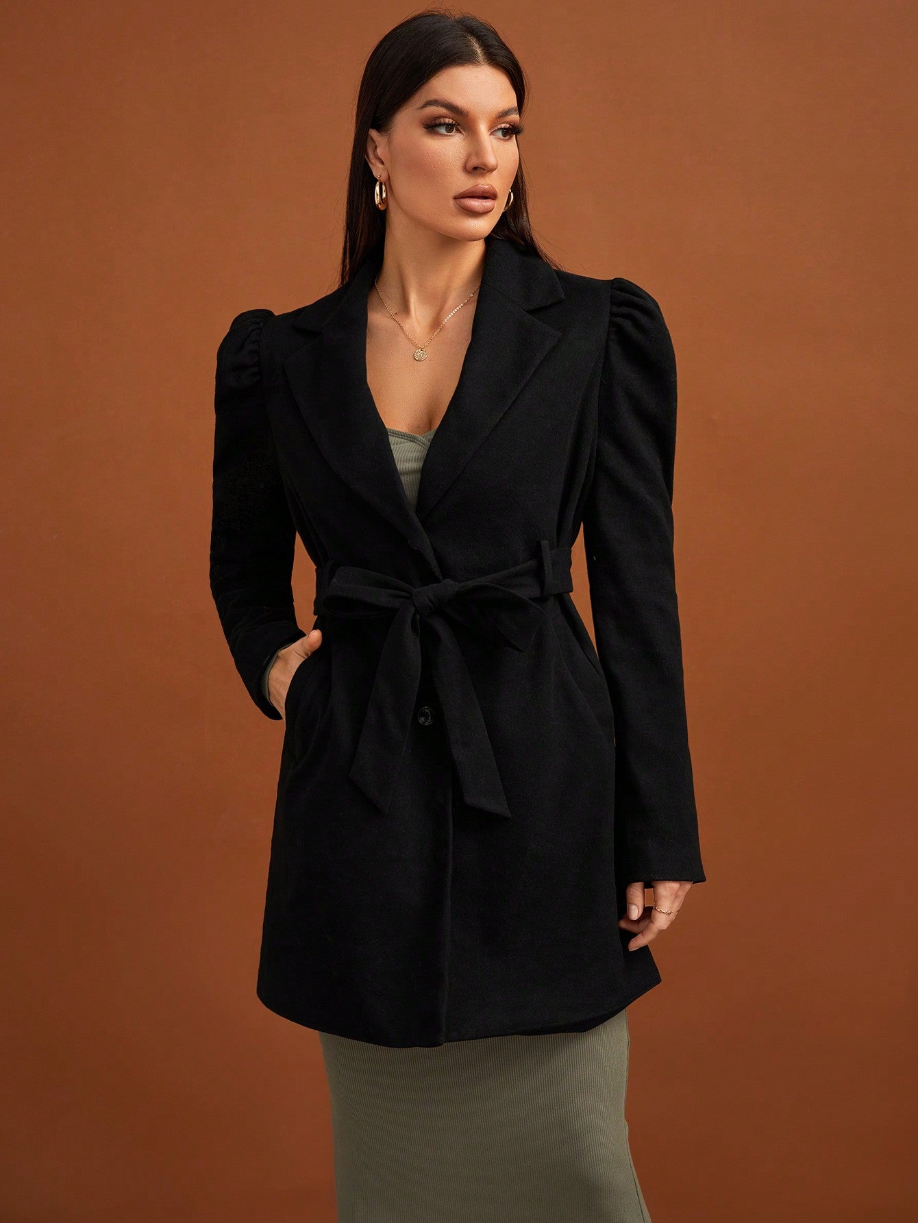 SHEIN Tall Lapel Neck Puff Sleeve Belted Overcoat