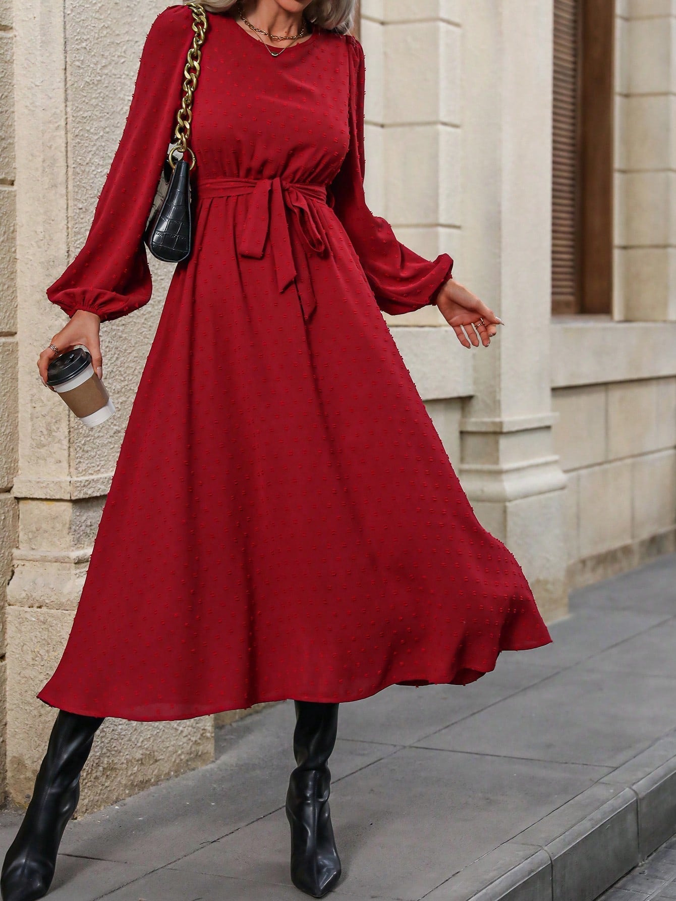 Women'S Lantern Sleeve Belted Dress