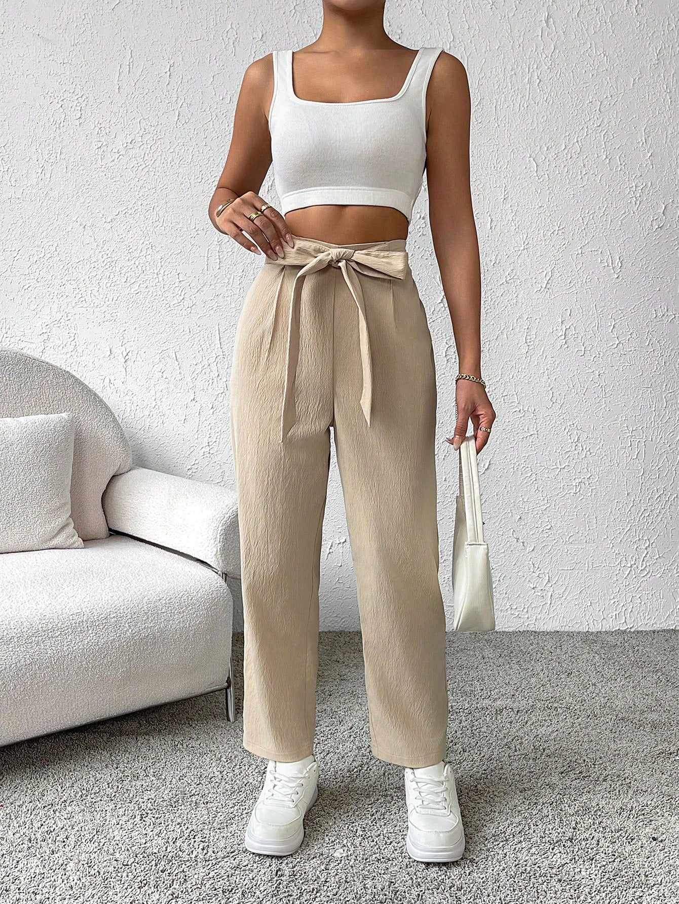 SHEIN Essnce High Waist Belted Straight Leg Pants