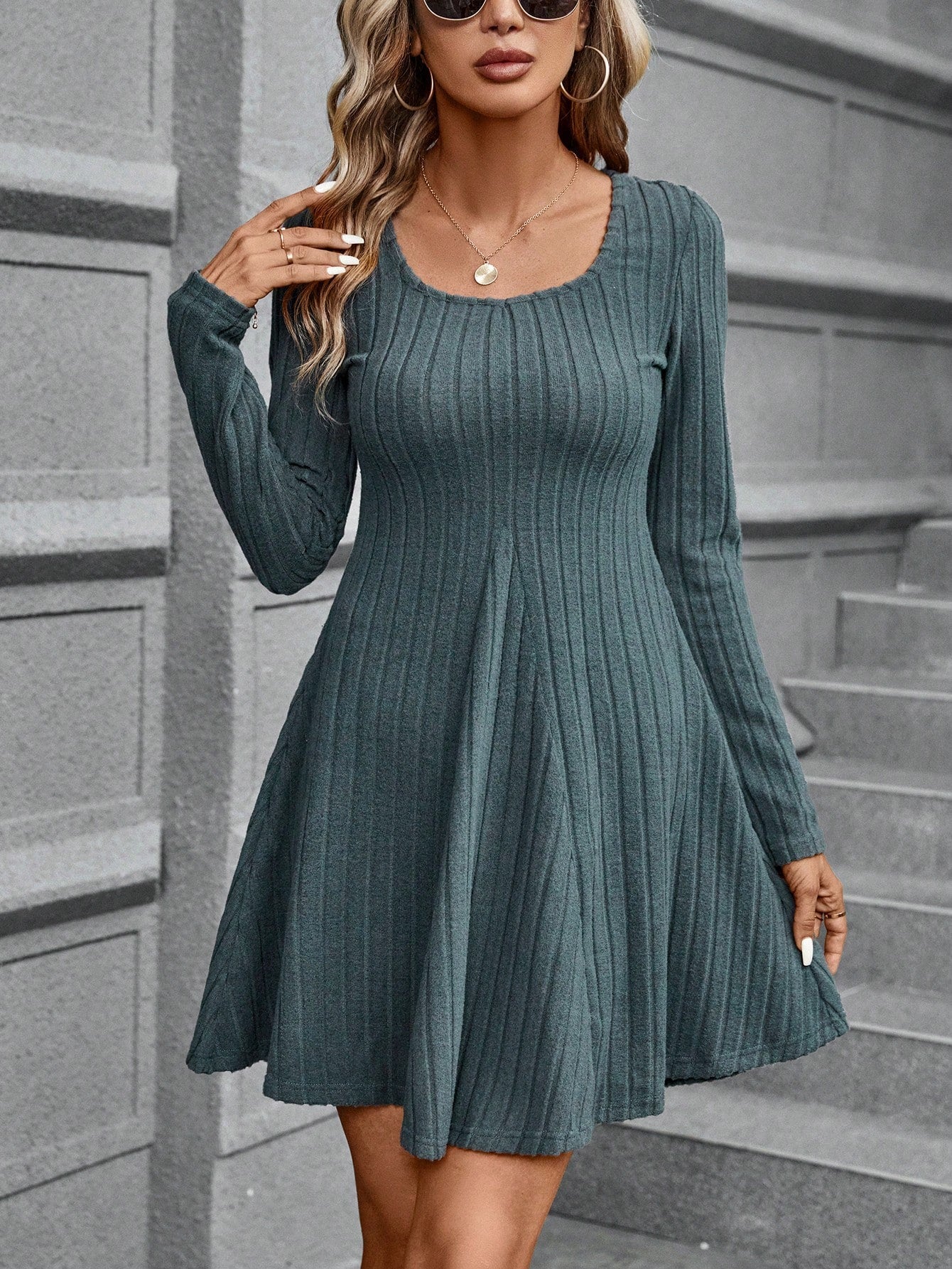 SHEIN Clasi Solid Scoop Neck Ribbed Knit A-Line Dress