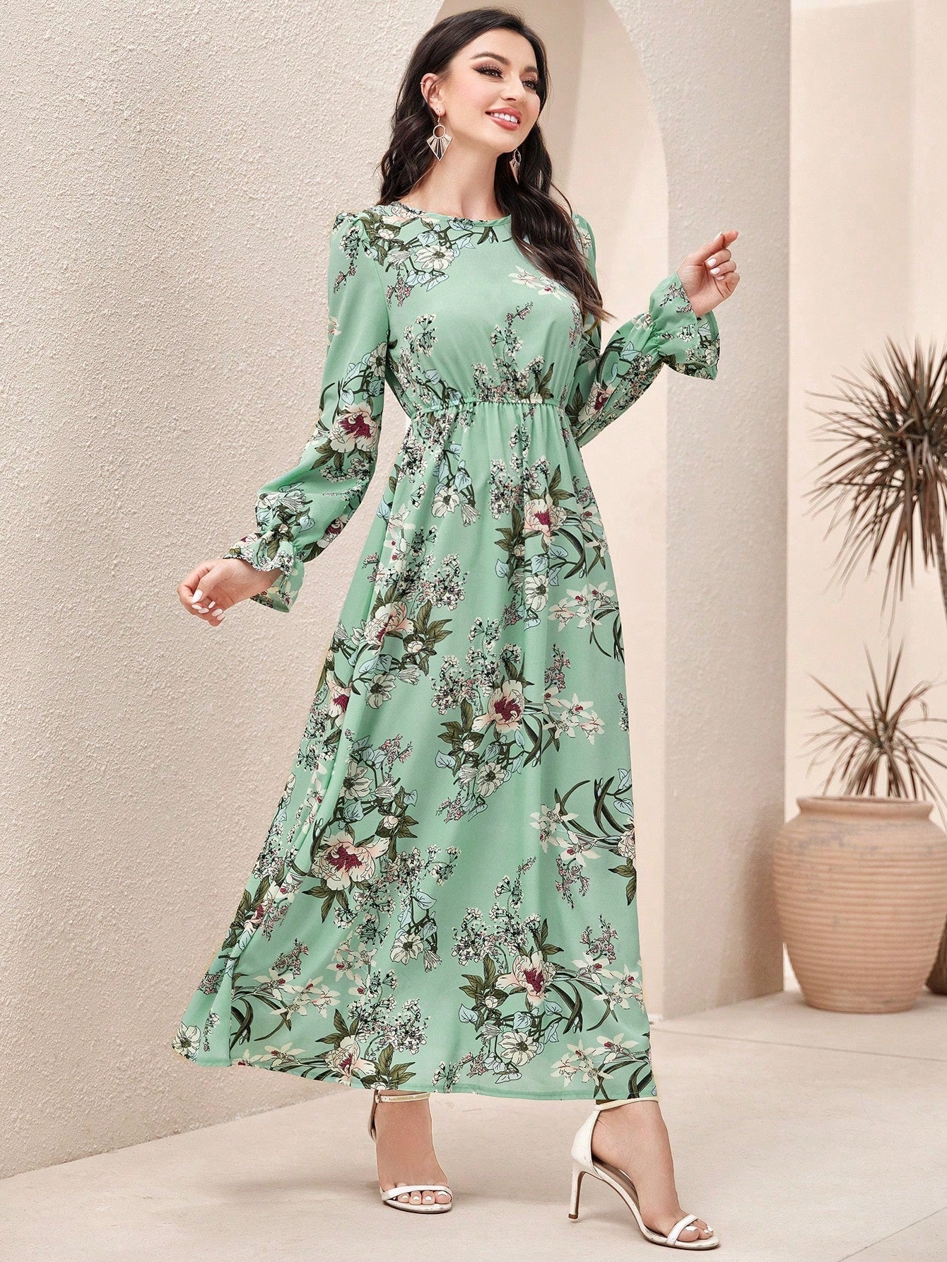 SHEIN Mulvari Floral Print Flounce Sleeve A-Line Dress