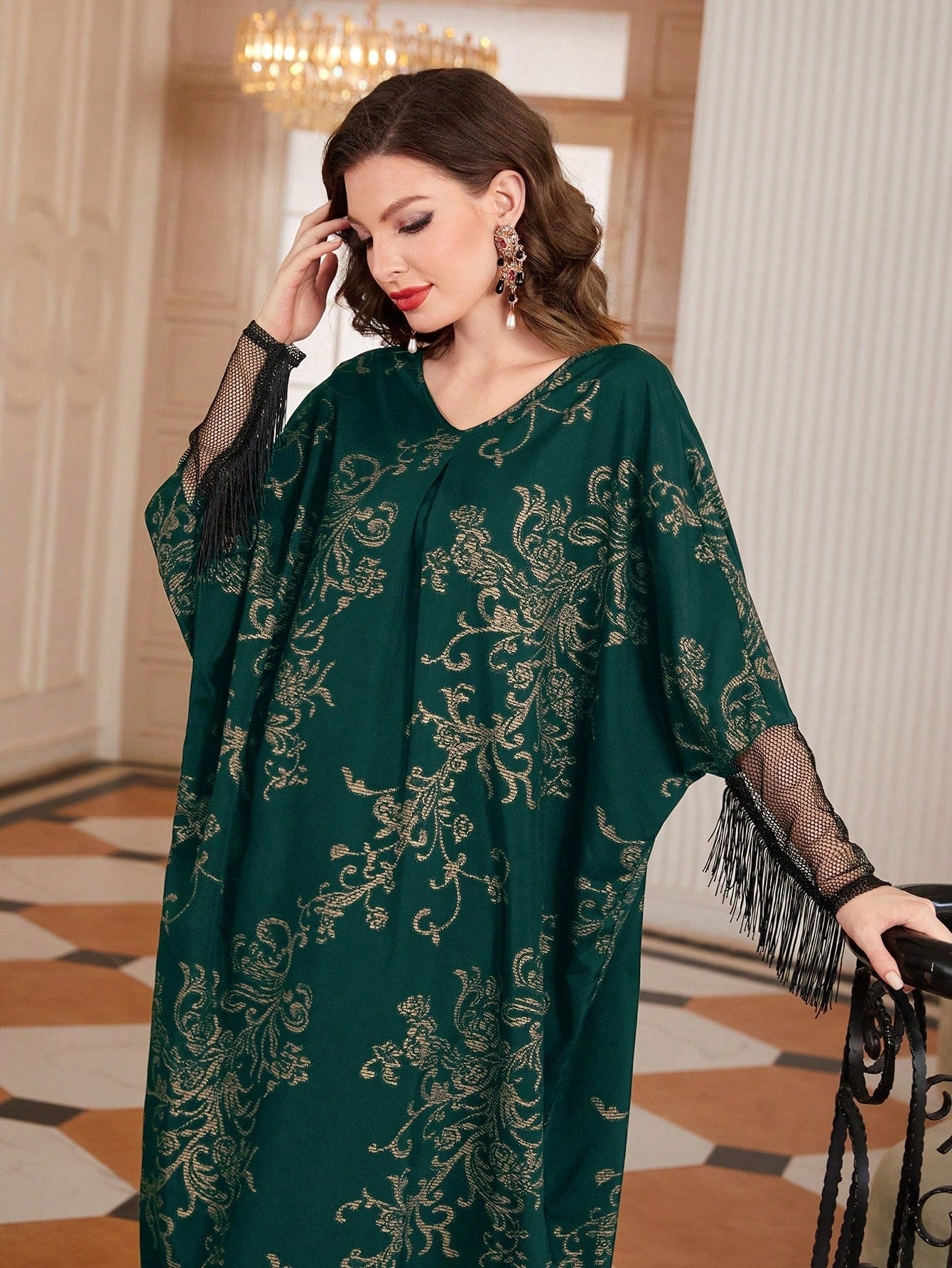 SHEIN Najma Women'S Flower Pattern Printed Patchwork Mesh Fringed Sleeve Cuff Turkish Long Shirt