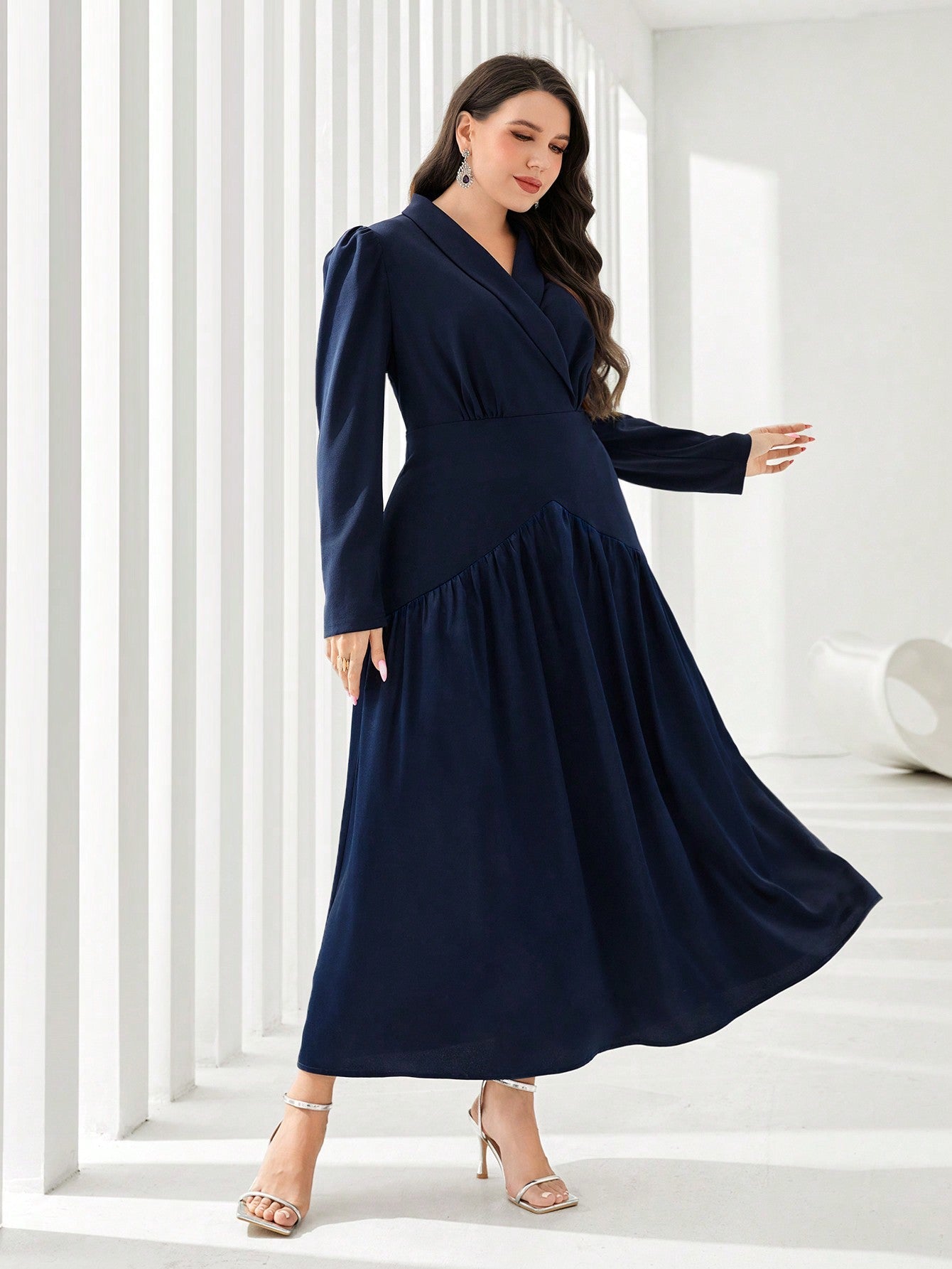 SHEIN Modely plus Shawl Collar Puff Sleeve Flare Hem Dress