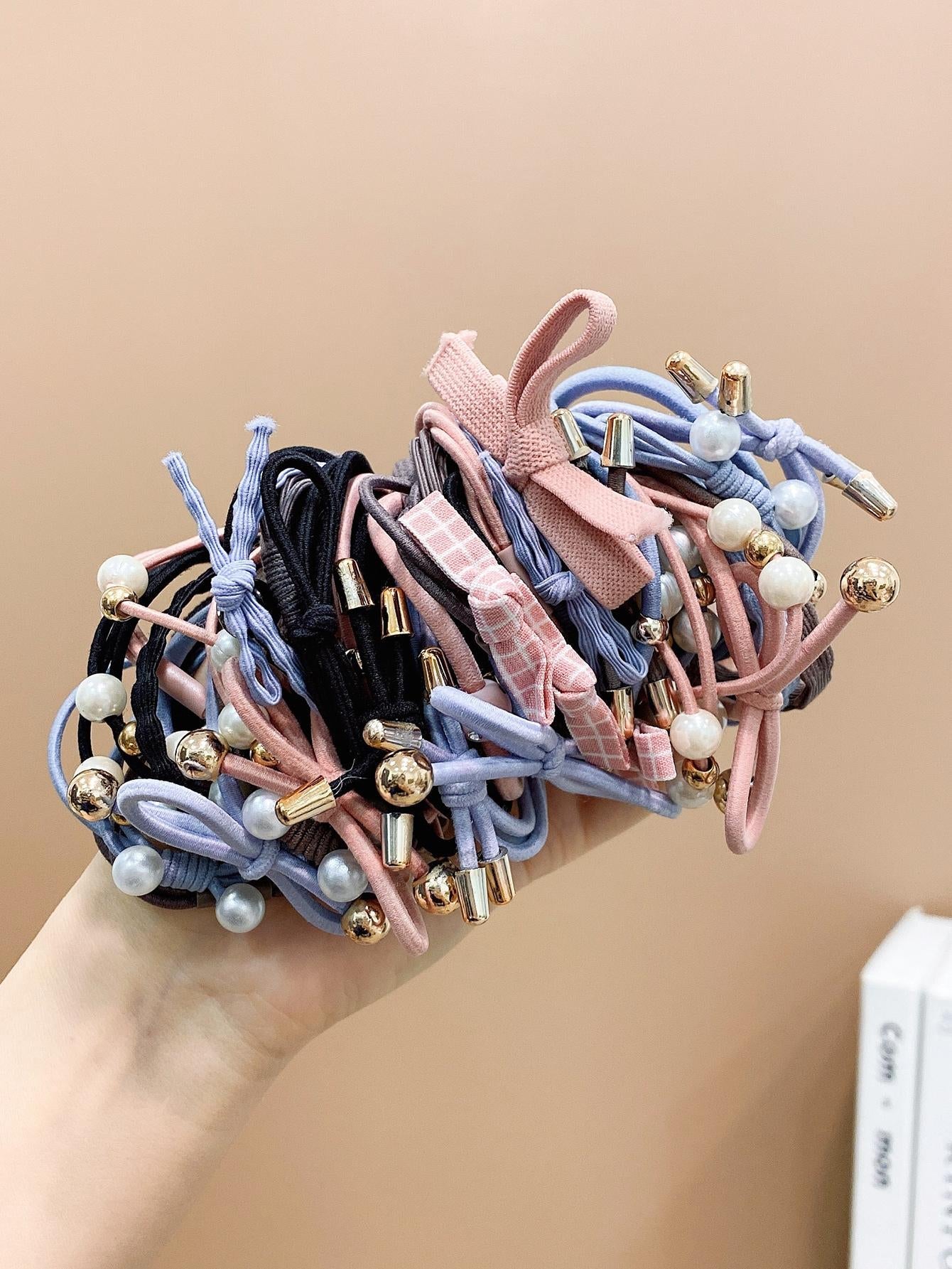 50Pcs Girls Bow & Faux Pearl Decor Fashionable Hair Tie for Daily Life