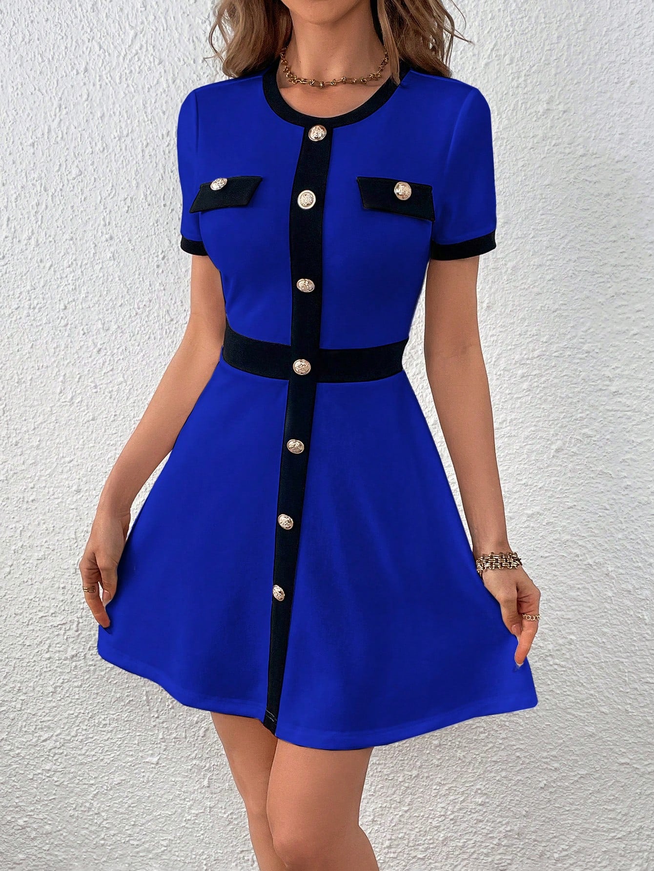 SHEIN Privé Contrast Trim Button Detail Dress