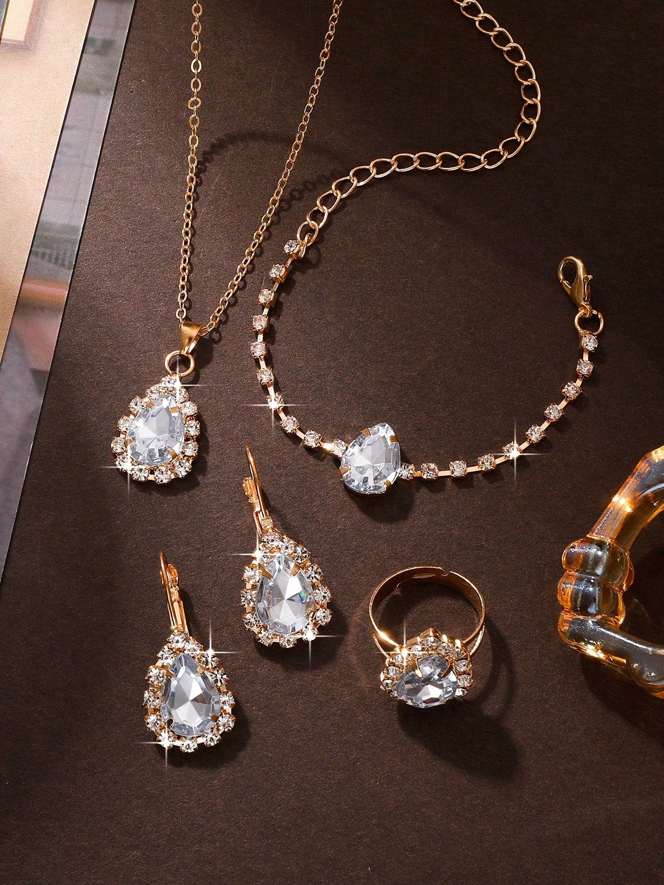 5Pcs/Set Women'S Drip-Shaped Rhinestone Jewelry Set