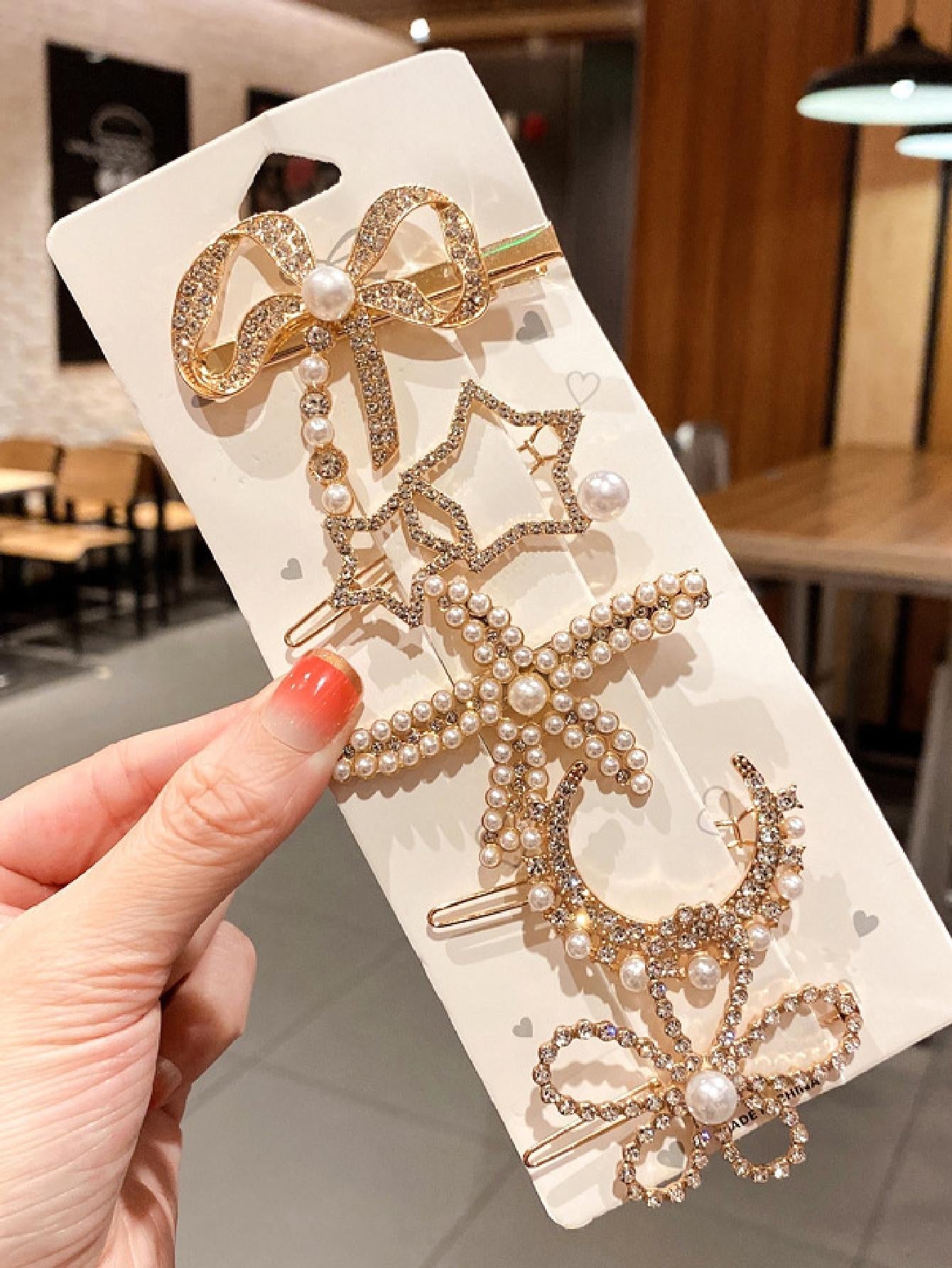 5Pcs Women Faux Pearl Starfish & Rhinestone Flower Decor Glamorous Hair Clip for Girlfriend'S Gift
