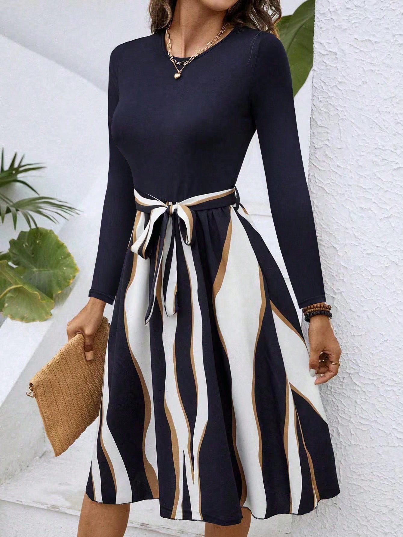 SHEIN LUNE Colorblock Belted A-Line Dress